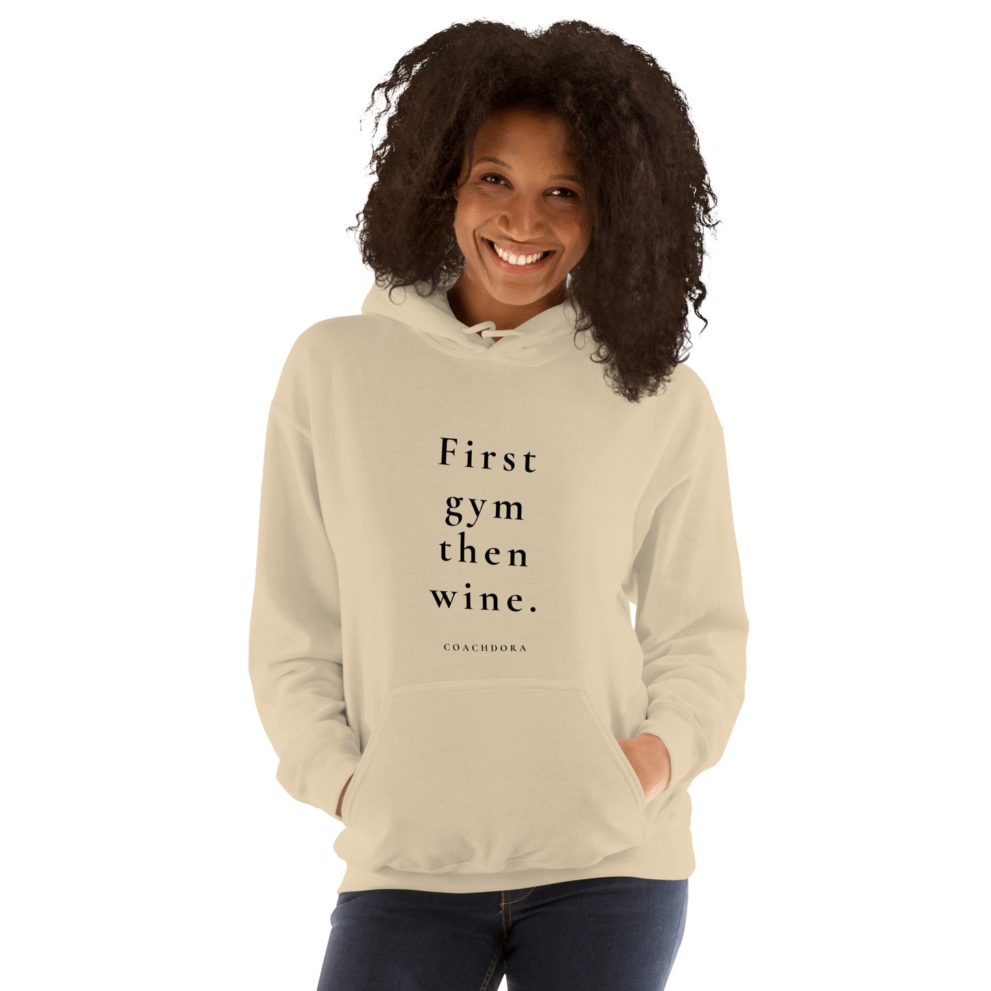 FIRST GYM THEN WINE HOODIE BEIGE MED SVART
